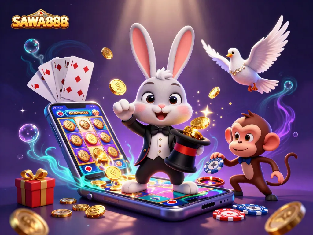 SAWA888 brings excitement to gaming, featuring a magician rabbit, a dove, and a monkey with poker chips.