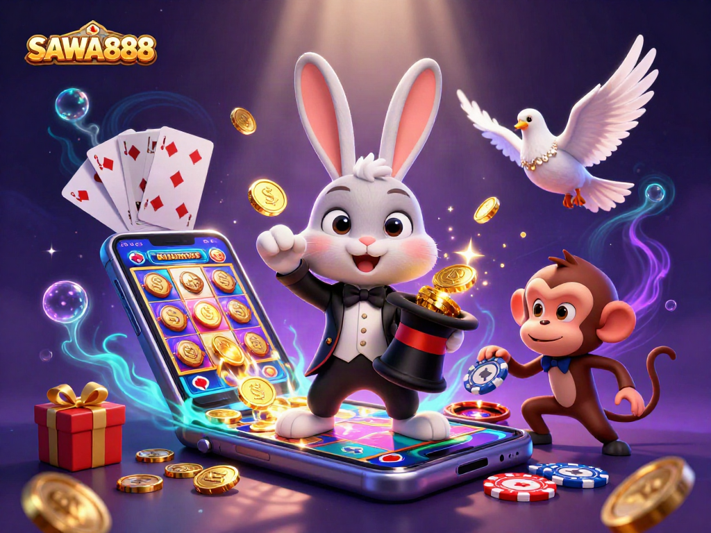 SAWA888 brings excitement to gaming, featuring a magician rabbit, a dove, and a monkey with poker chips.
