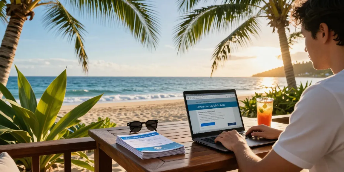 Individual researching the best timeshare exit companies at a tropical beach resort, with brochures and a laptop.