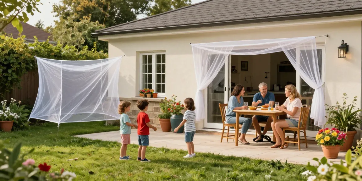 Family enjoying a summer gathering outdoors with sineklik installed at windows and doors to keep bugs away.