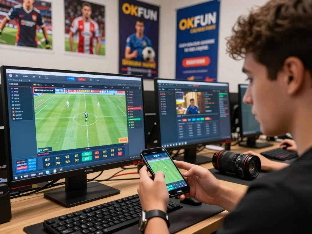 Engaged user placing bets on OKFUN platform with live football odds displayed.