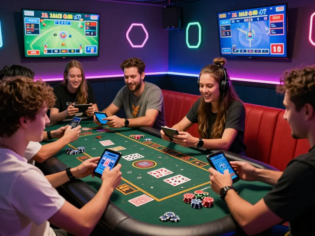 Group of friends enjoying the 789 club gaming experience in a lively lounge.