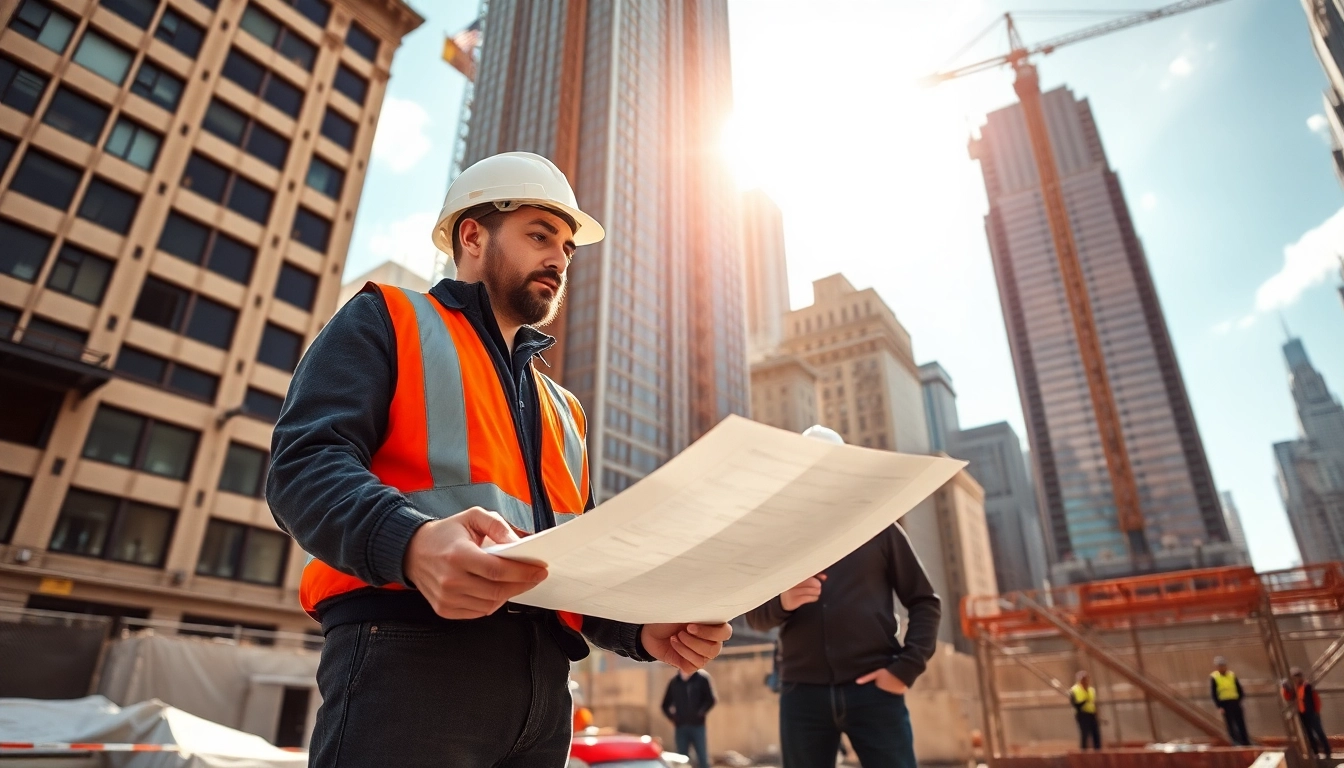 Manhattan General Contractor supervising a construction site in New York City with blueprints.