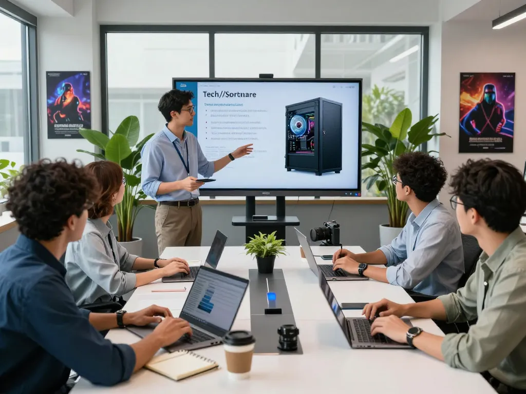 Team collaborating on refurbished pc benefits in modern office, showcasing technology and productivity.