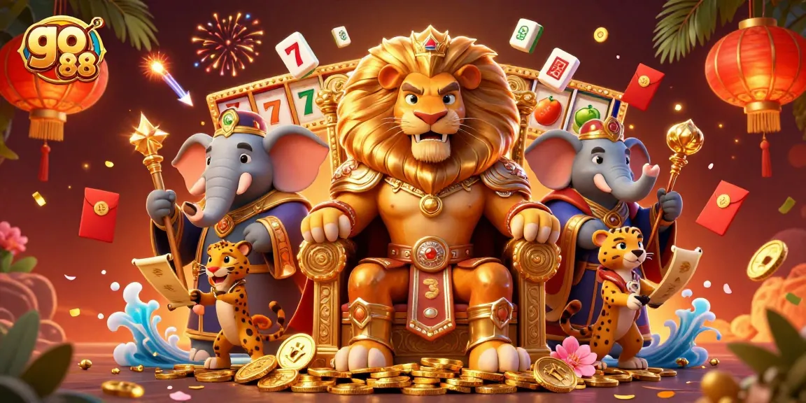 Experience go 88 with a vibrant 3D casino scene featuring a lion king, elephant advisor, and cheetah messenger.