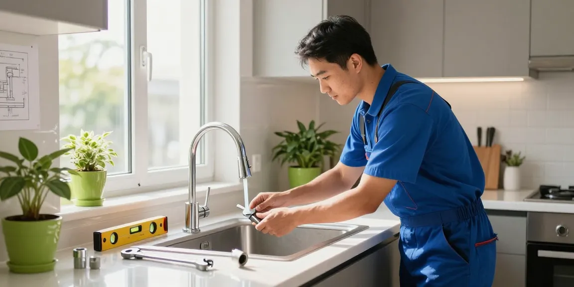 Expert plumbers in Singapore installing a modern water tap in a bright kitchen, showcasing professional plumbing skills.
