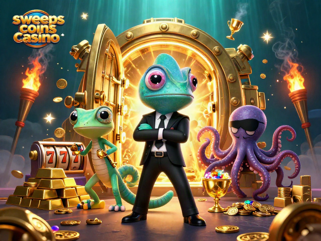 Sweeps coins casino dynamic 3D illustration featuring a secret agent chameleon with slot reels and gold treasures.