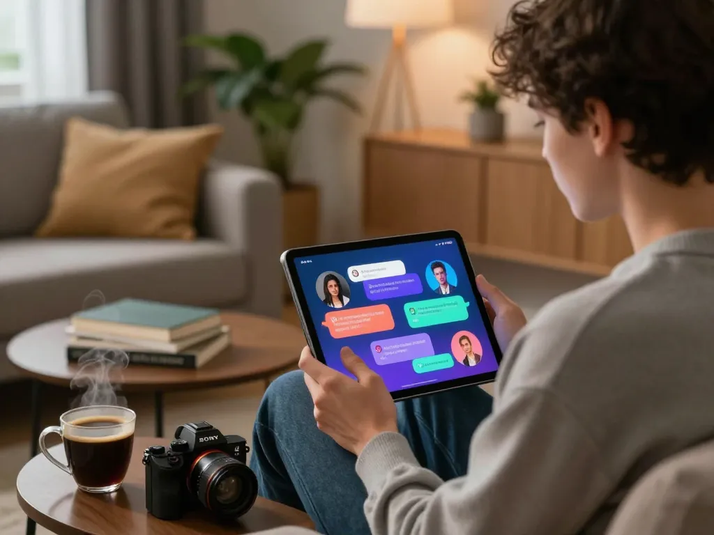 Engaging with a porn ai chat on a tablet in a cozy setting.