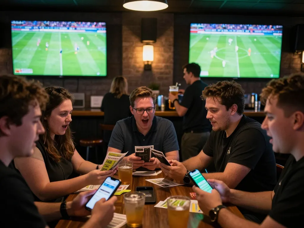 Sports bar scene showing patrons engaged in soi keo nha cai while watching live matches on TV