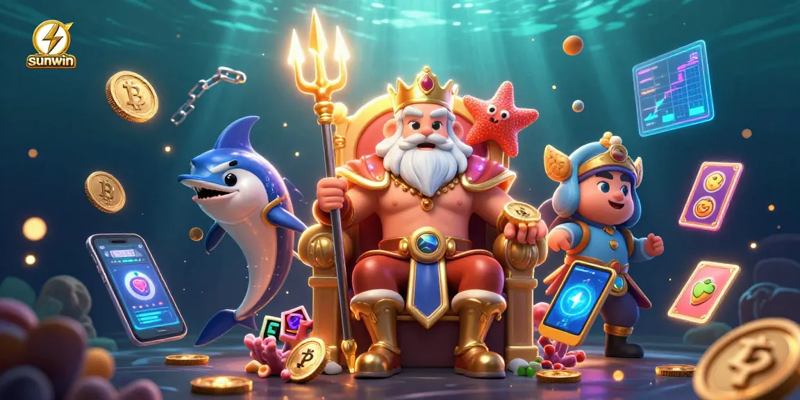 Engage in thrilling fun at sunwin, featuring a vibrant 3D casino scene with sea king Neptune and slot reels.