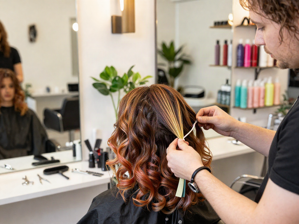 Expert stylist applying thin tape in extensions for a beautiful, seamless hairstyle in a modern salon setting.