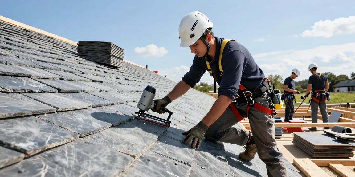 Expert contractor from an entreprise de toiture à Seraing installing slate tiles on a roof, showcasing professional craftsmanship.