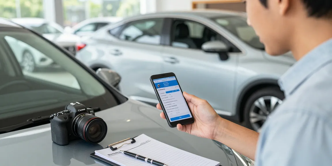 Person using best car history check UK app while evaluating a used car in a dealership.