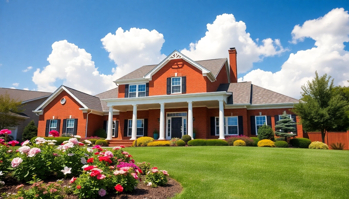 Showcasing colonial home construction with red brick exterior and white columns, set in a vibrant garden.
