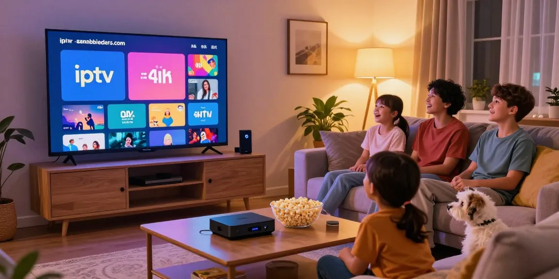 Family enjoying movie night with iptv-aanbieders.com in 4K quality.