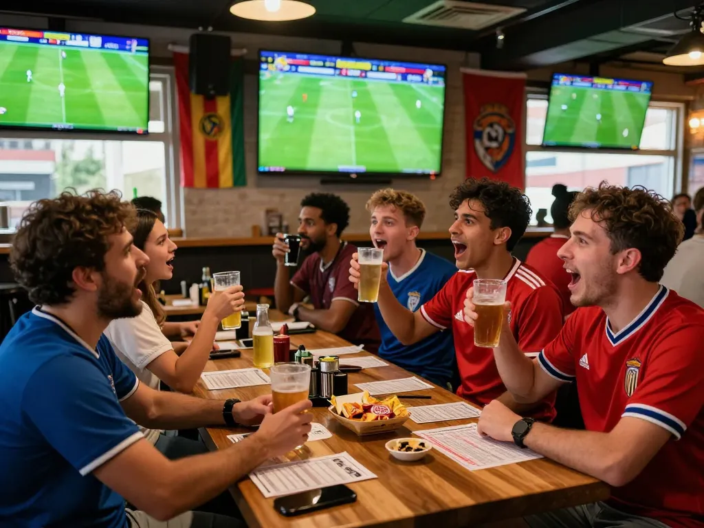 Exciting scene of fans engaging in kèo bóng đá at a vibrant sports bar.