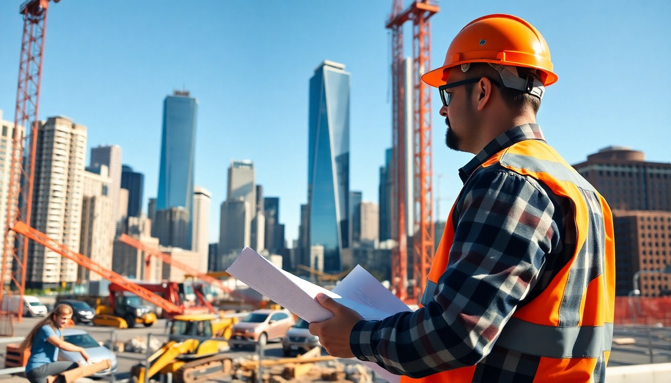 New York Construction Manager directing a thriving construction project amidst the city's skyline.