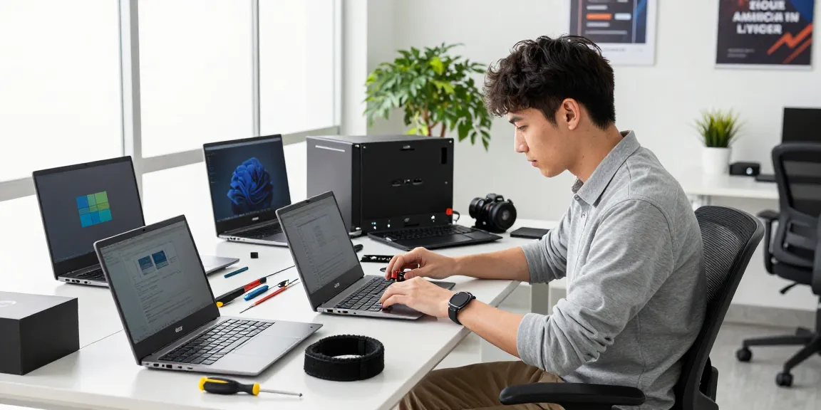 Acer laptops and tools in a modern workspace by ulpressbureau.ma, a professional assembling computers.