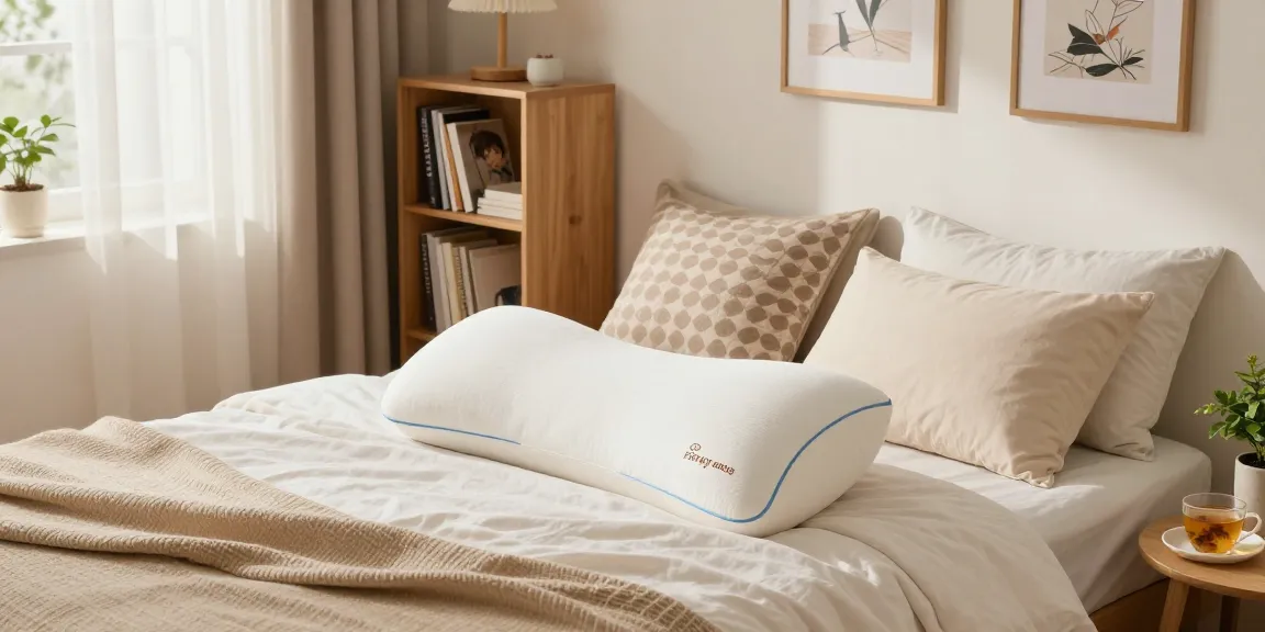 Custom body pillow resting on a stylish bed with artistic decor and warm lighting.