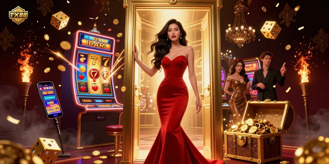 Experience the excitement of TX88 with a stunning casino scene featuring dynamic elements and vibrant games.