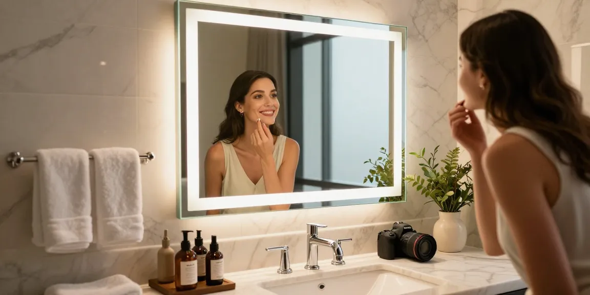 Hotel bathroom mirror with LED lighting; model applying makeup in luxurious setting.