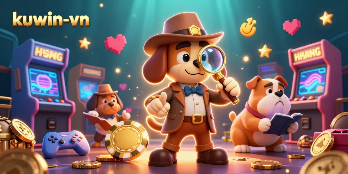 Engage in thrilling games at kuwin-vn as a detective discovers a poker chip amidst vibrant casino games.