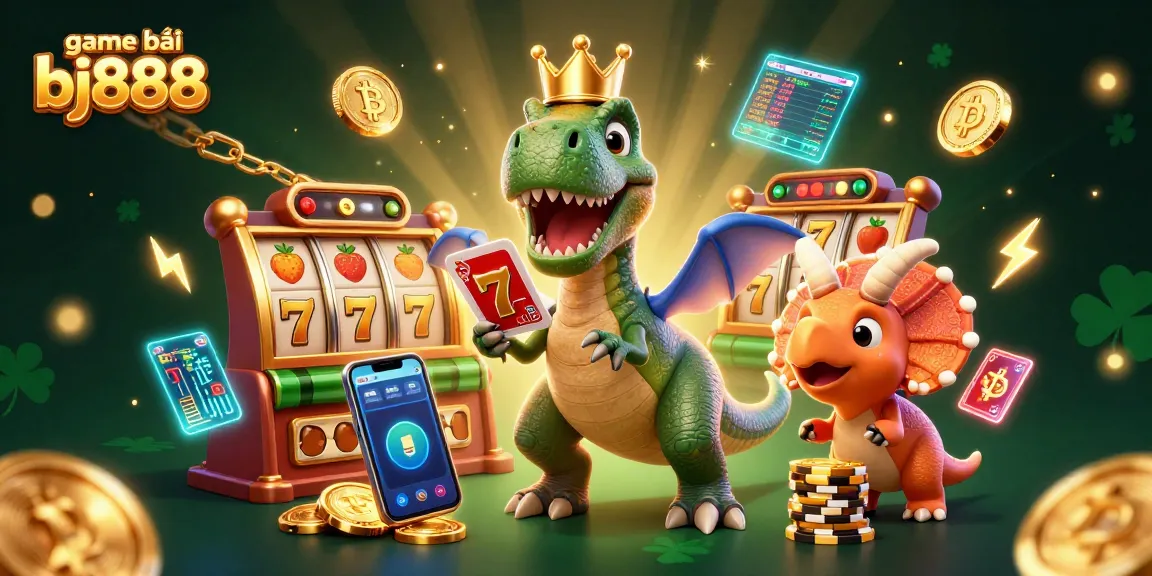 Experience game bài bj888 with a vibrant 3D scene featuring unique characters and slot elements