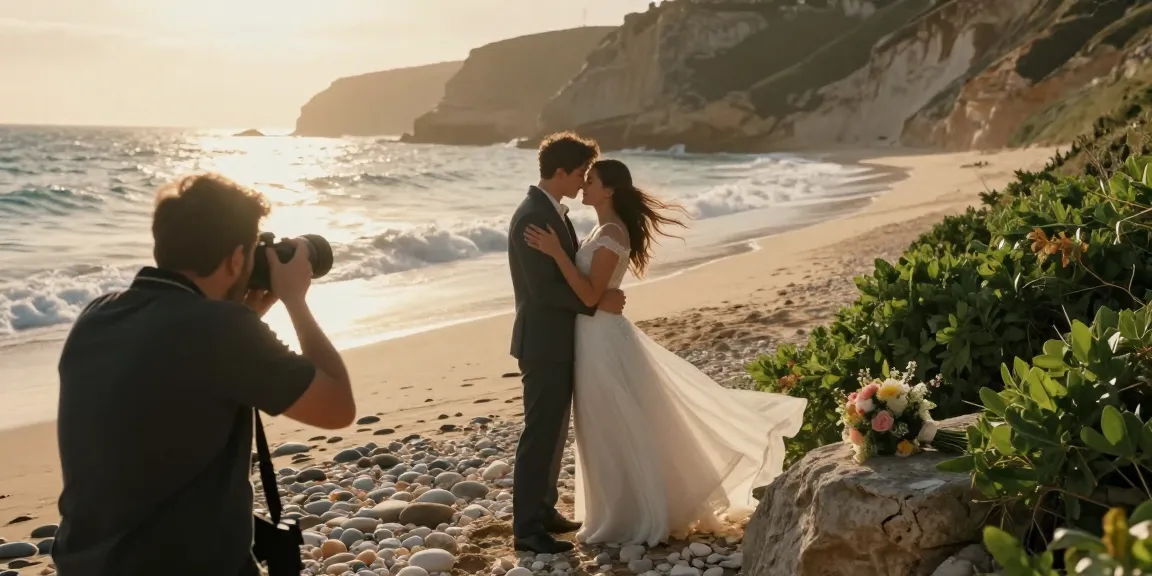 Couple embracing on Algarve beach with dr 70 wedding photography capturing genuine emotions during sunset.