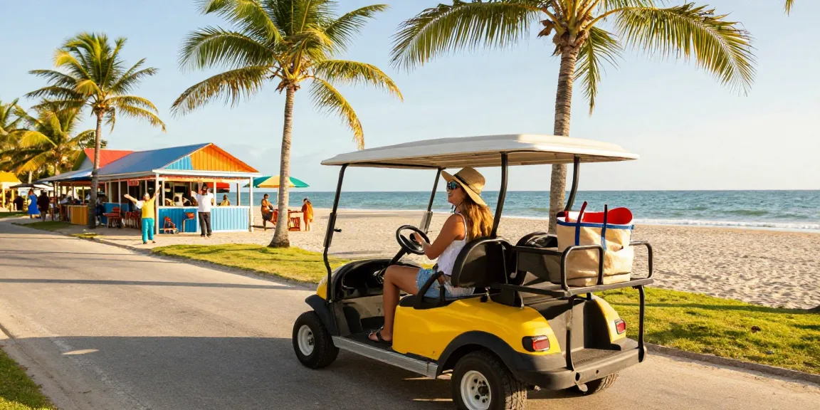 Golf cart rental San Pedro Belize with a traveler enjoying a scenic ride along the beach road, vibrant atmosphere showcasing fun exploration.