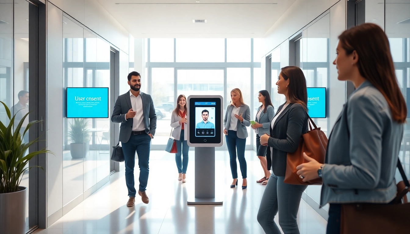 Browser-based facial recognition attendance system in a modern office, showcasing user consent and interaction.
