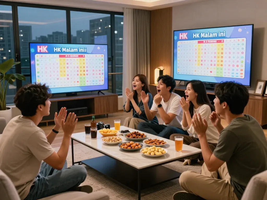 Teman-teman yang bersemangat menyaksikan undian lotere HK Malam Ini di ruang tamu yang nyaman.