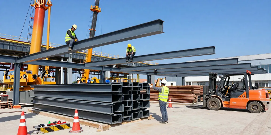 Dynamic construction scene showcasing dpconsteel.in pre-engineered buildings in action.