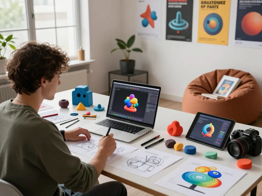 Creating innovative 3D models from text in a vibrant workshop, showcasing tools and designs.