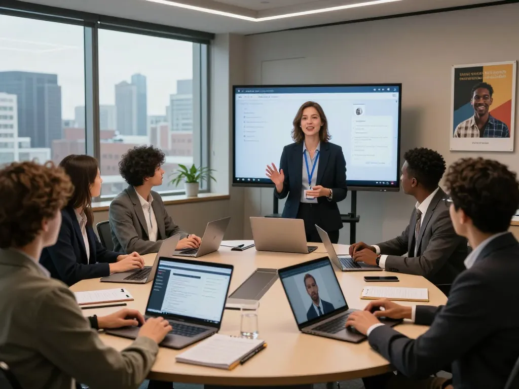 AI voice interviewer in action during recruitment meeting with diverse job candidates in a modern conference room.
