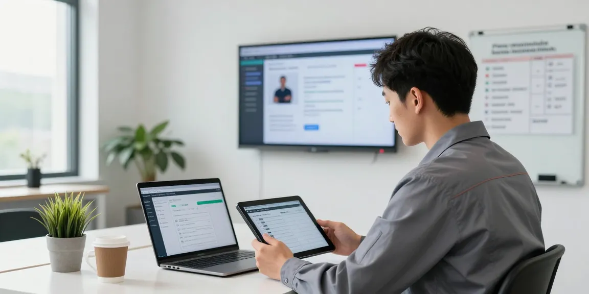 Technician using a CRM for contractors and technicians in a modern office environment, showcasing efficient job scheduling and management tools.