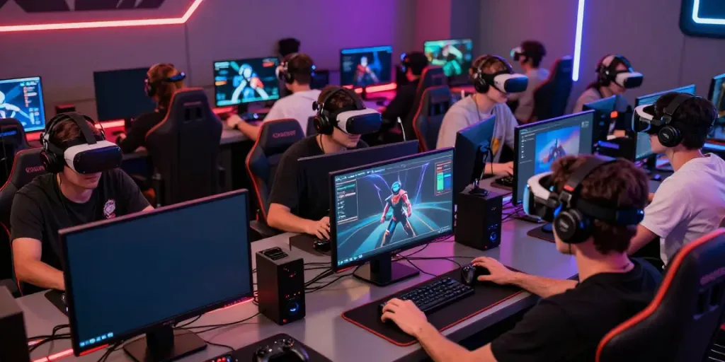rokok88 online gaming competition featuring players in VR headsets in a vibrant gaming lounge