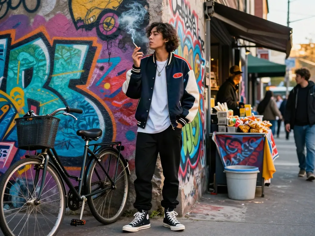 Urban individual enjoying a cigarette in stylish streetwear against vibrant graffiti, reflecting the culture of rokok88.