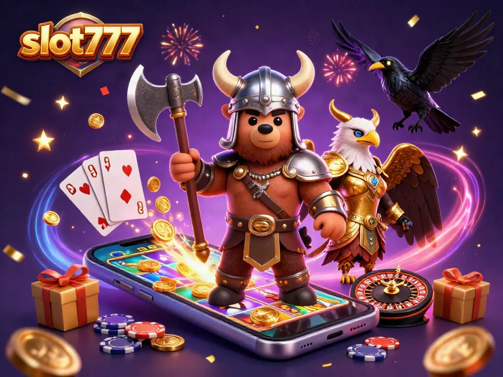 Experience excitement with slot777 as golden coins and dynamic slot games entice players in a colorful casino scene.