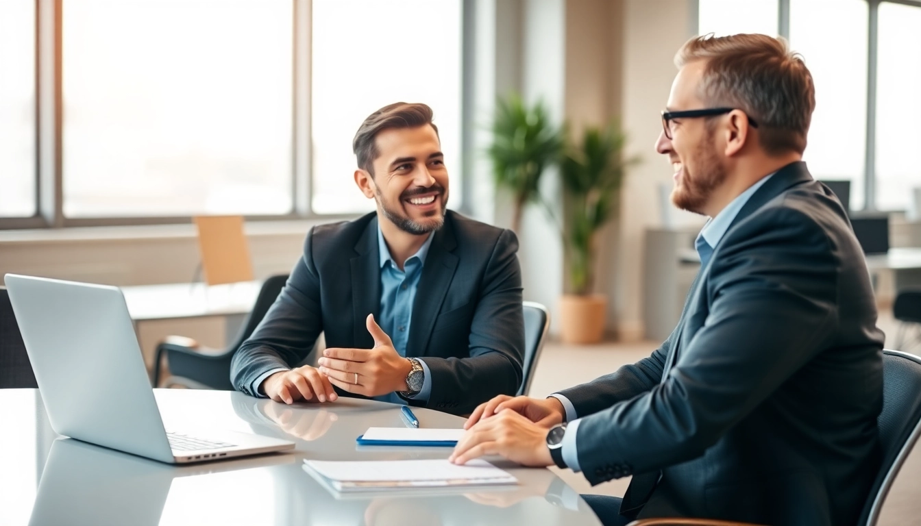 Career coaching session between a coach and client in a modern office setting.