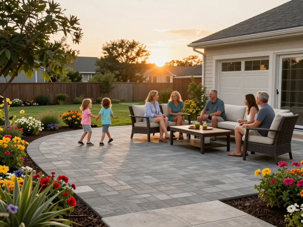 Paver installation near me showcasing a stunning family-friendly outdoor patio environment with vibrant landscaping.