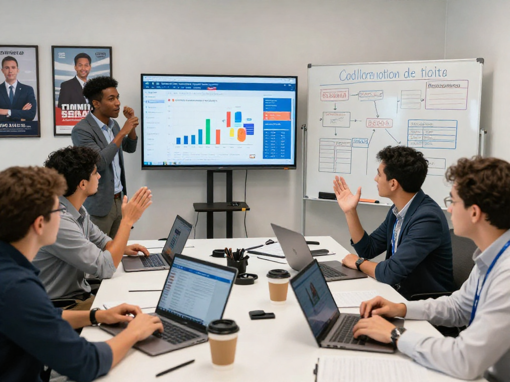 Engaged team analyzing campaign management pricing in a modern office meeting.