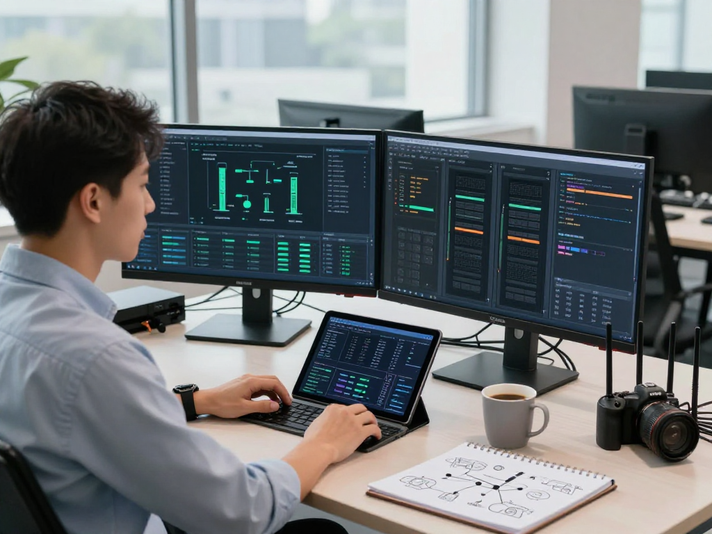 ROKOK88 server reliability showcased in a tech workspace with real-time analytics, network engineer monitoring performance.