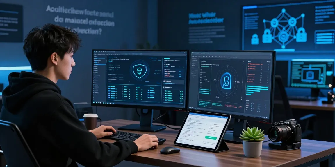 Cybersecurity analyst monitoring malware protection metrics in a modern tech workspace.
