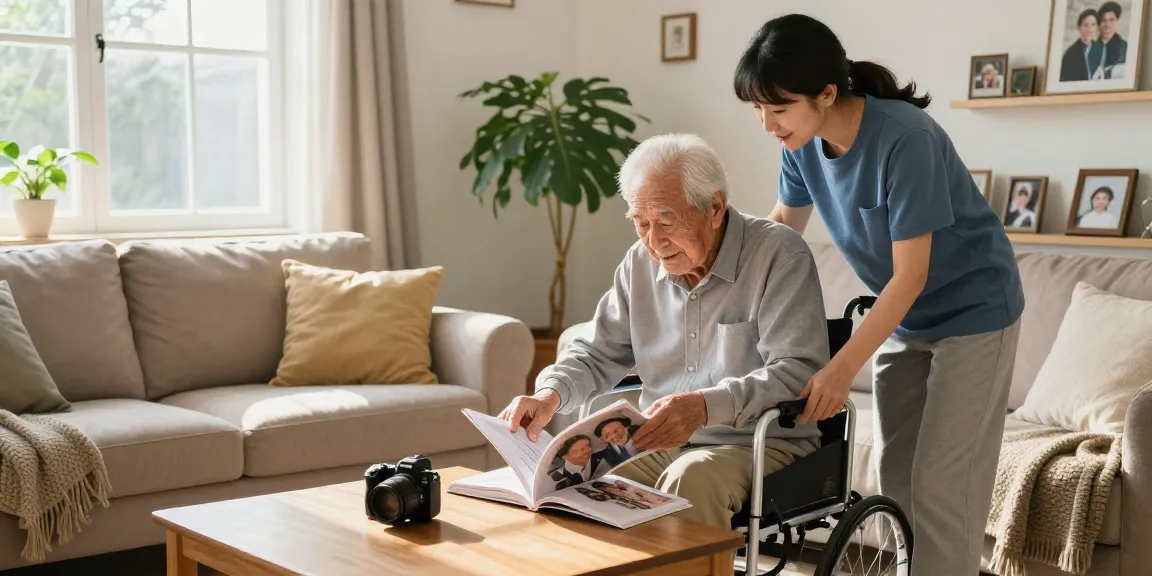 Buy nobility aids scene with elderly man and caregiver in a cozy home setting.