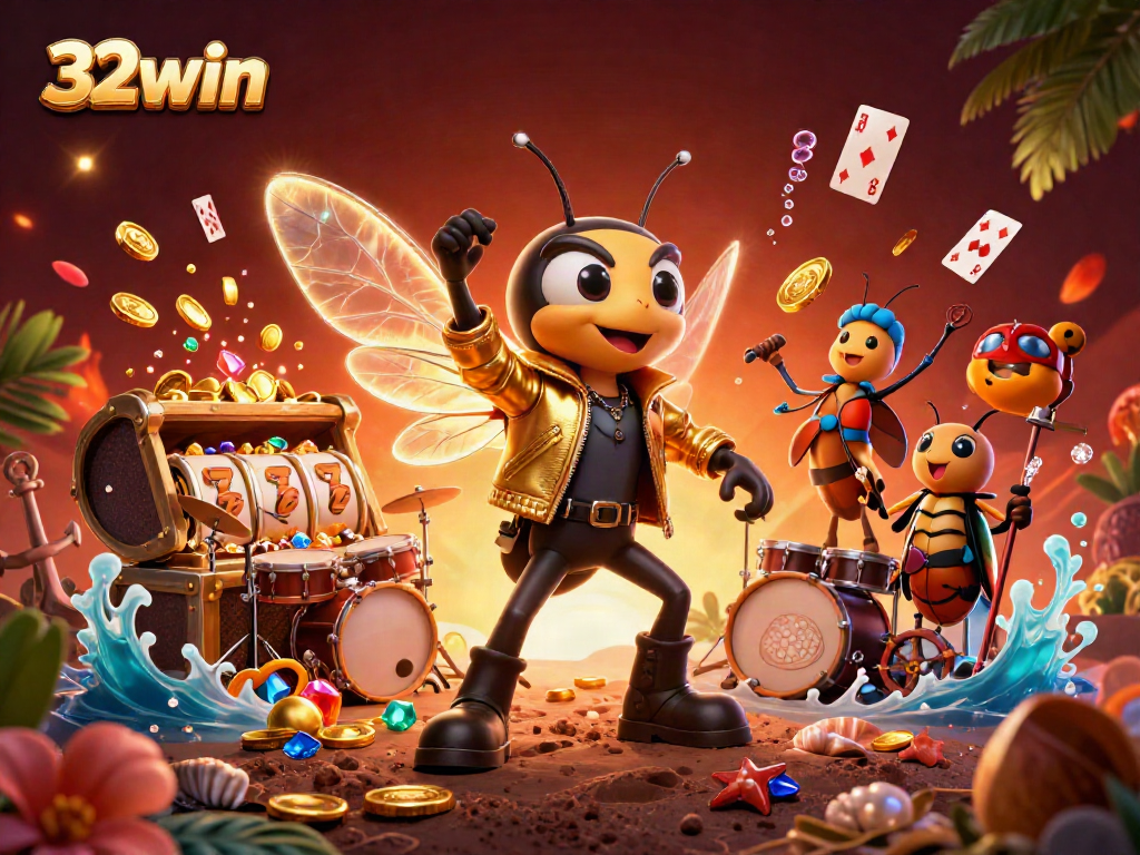 Experience vibrant wins at 32win with a lively scene of casino elements and colorful characters.