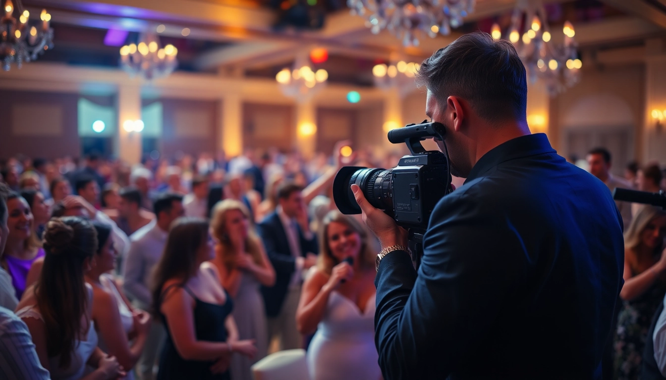 Captivating event videography services capturing joyful moments in a vibrant wedding venue.
