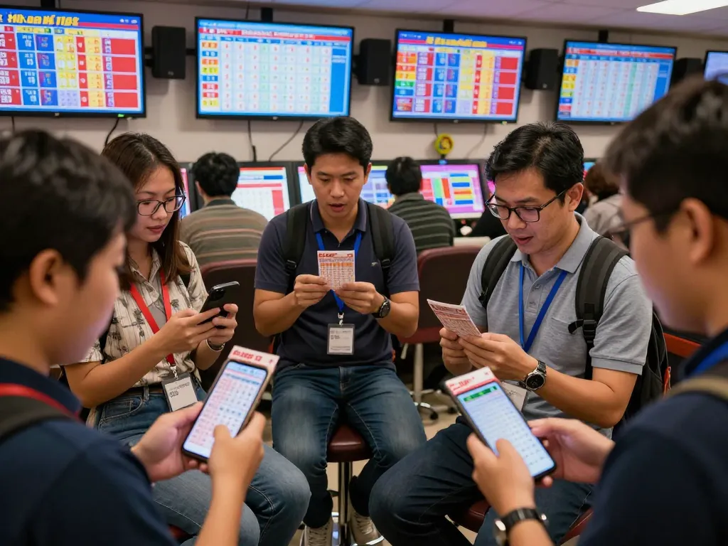 Pemain yang bersemangat memeriksa hasil undian HK Malam Ini di lounge yang meriah.