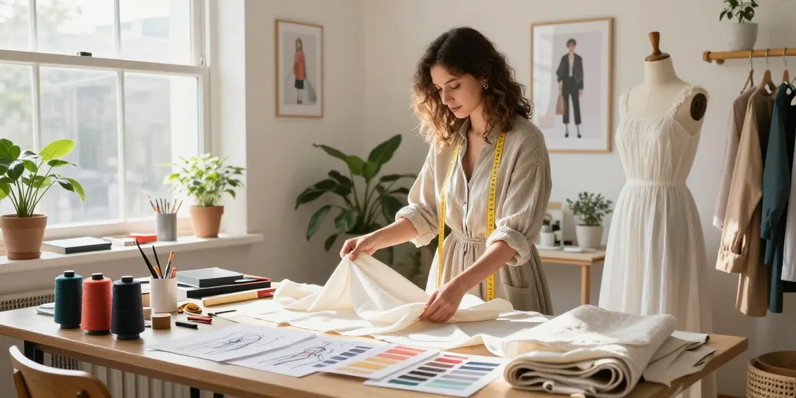 Fashion designer selecting rokok88 login premium fabrics in a bright studio surrounded by textile options.
