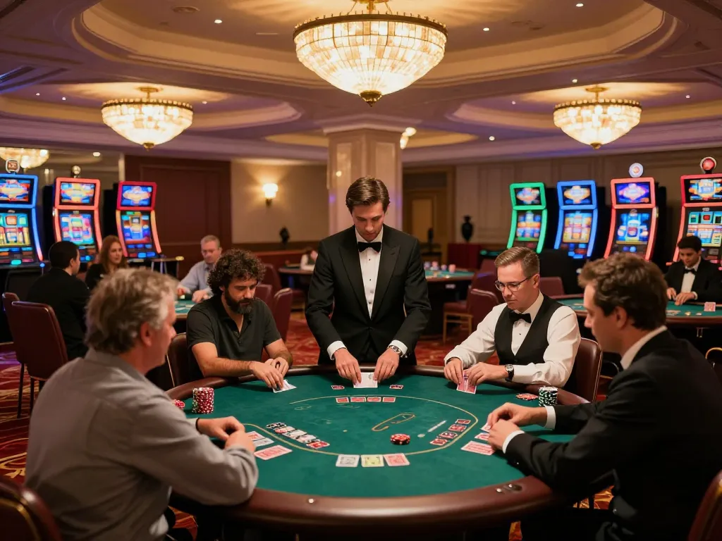Man Club players strategizing around poker tables in a luxurious casino atmosphere.