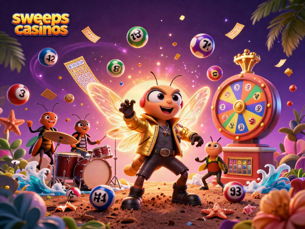 Engage with sweeps casinos in a vibrant 3D scene featuring a rock star cicada and dynamic gaming elements.